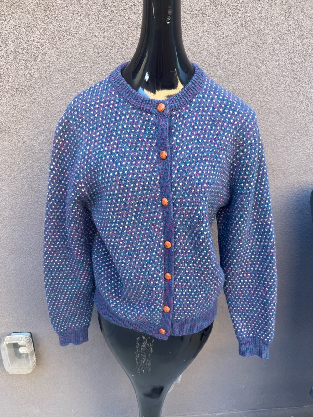 Vintage Woolrich Knit Cardigan Sweater Womens Medium Wool Blend Flecked Blue